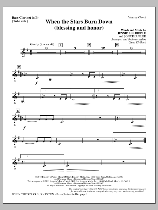 Download Camp Kirkland When The Stars Burn Down (Blessing And Honor) - Bass Clarinet (sub. Tuba) Sheet Music and learn how to play Choir Instrumental Pak PDF digital score in minutes
