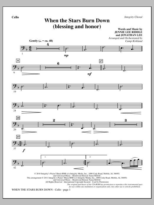 Download Camp Kirkland When The Stars Burn Down (Blessing And Honor) - Cello Sheet Music and learn how to play Choir Instrumental Pak PDF digital score in minutes