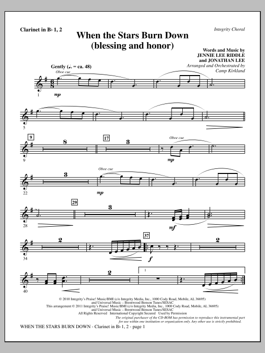 Download Camp Kirkland When The Stars Burn Down (Blessing And Honor) - Clarinet 1 & 2 Sheet Music and learn how to play Choir Instrumental Pak PDF digital score in minutes