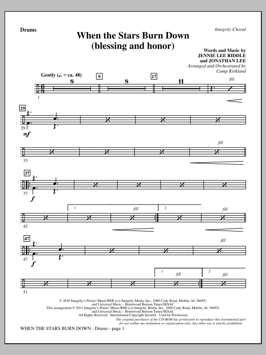 Download Camp Kirkland When The Stars Burn Down (Blessing And Honor) - Drums Sheet Music and learn how to play Choir Instrumental Pak PDF digital score in minutes