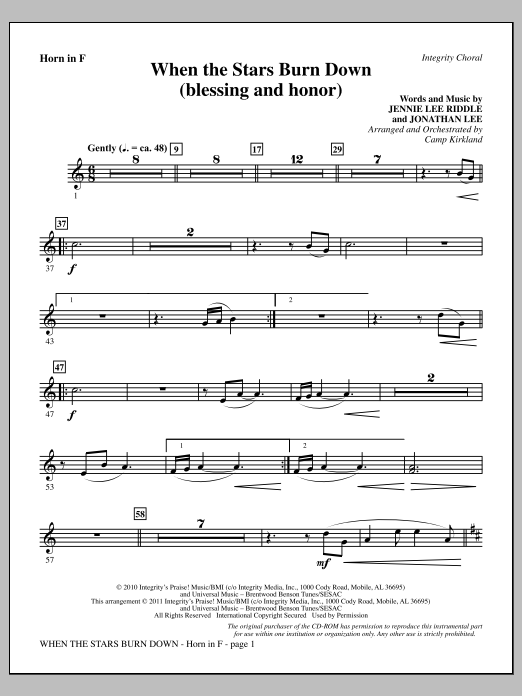 Download Camp Kirkland When The Stars Burn Down (Blessing And Honor) - F Horn Sheet Music and learn how to play Choir Instrumental Pak PDF digital score in minutes