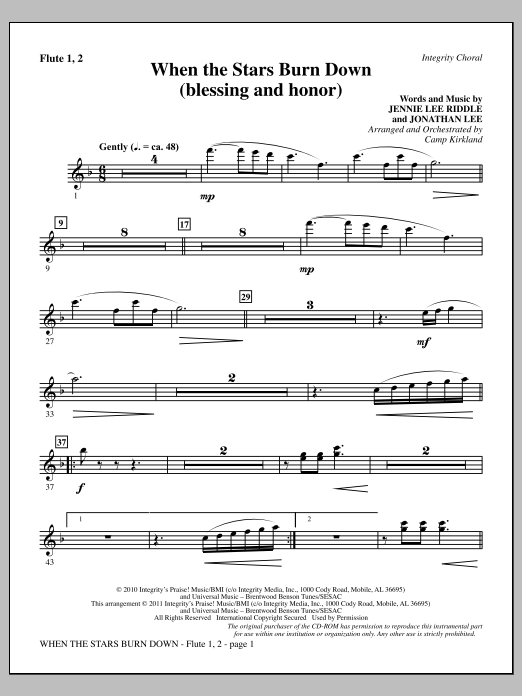 Download Camp Kirkland When The Stars Burn Down (Blessing And Honor) - Flute 1 & 2 Sheet Music and learn how to play Choir Instrumental Pak PDF digital score in minutes