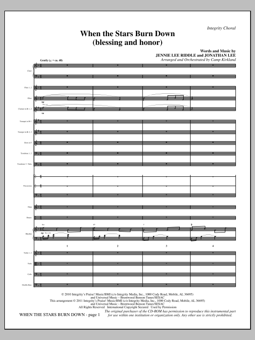 Download Camp Kirkland When The Stars Burn Down (Blessing And Honor) - Full Score Sheet Music and learn how to play Choir Instrumental Pak PDF digital score in minutes