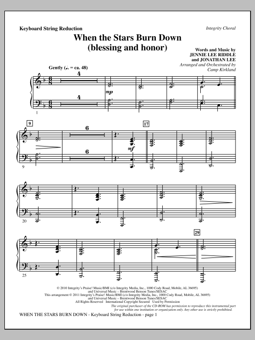 Download Camp Kirkland When The Stars Burn Down (Blessing And Honor) - Keyboard String Reduction Sheet Music and learn how to play Choir Instrumental Pak PDF digital score in minutes