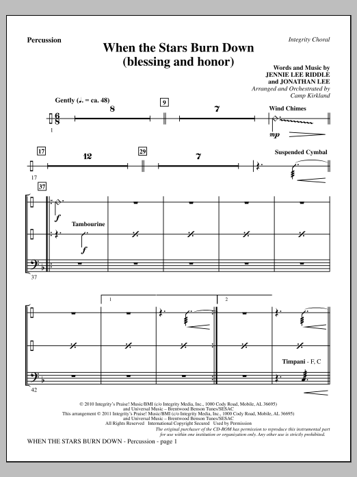 Download Camp Kirkland When The Stars Burn Down (Blessing And Honor) - Percussion Sheet Music and learn how to play Choir Instrumental Pak PDF digital score in minutes