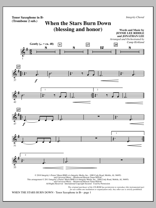 Download Camp Kirkland When The Stars Burn Down (Blessing And Honor) - Tenor Sax (sub. Tbn 2) Sheet Music and learn how to play Choir Instrumental Pak PDF digital score in minutes