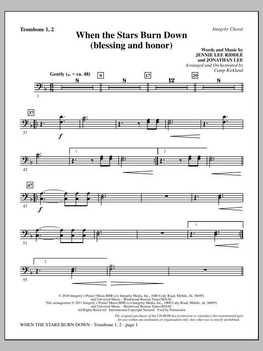 Download Camp Kirkland When The Stars Burn Down (Blessing And Honor) - Trombone 1 & 2 Sheet Music and learn how to play Choir Instrumental Pak PDF digital score in minutes