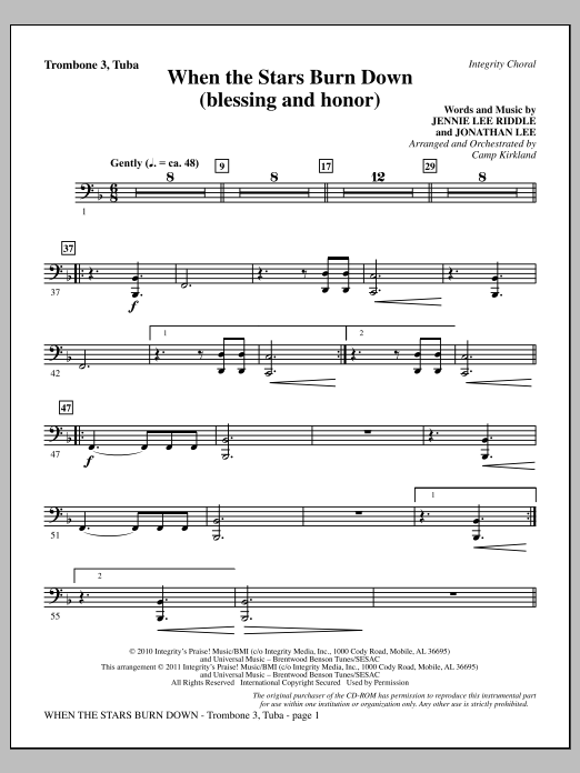 Download Camp Kirkland When The Stars Burn Down (Blessing And Honor) - Trombone 3/Tuba Sheet Music and learn how to play Choir Instrumental Pak PDF digital score in minutes