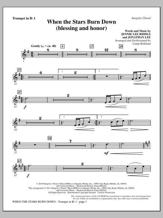 Download Camp Kirkland When The Stars Burn Down (Blessing And Honor) - Trumpet 1 Sheet Music and learn how to play Choir Instrumental Pak PDF digital score in minutes