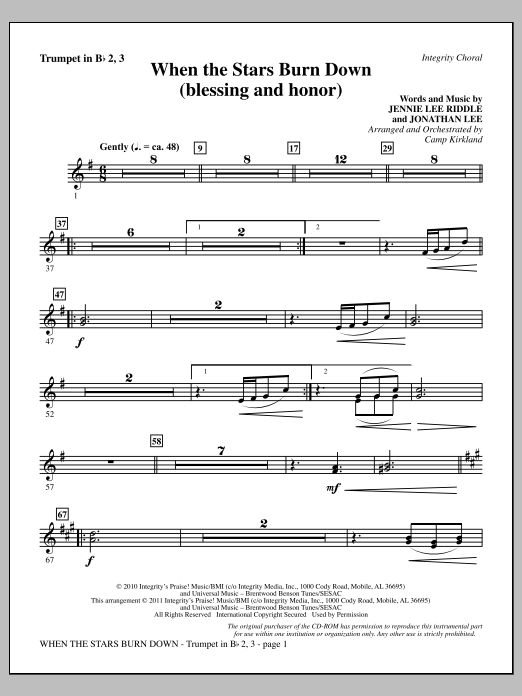Download Camp Kirkland When The Stars Burn Down (Blessing And Honor) - Trumpet 2 & 3 Sheet Music and learn how to play Choir Instrumental Pak PDF digital score in minutes