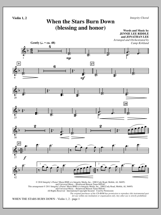 Download Camp Kirkland When The Stars Burn Down (Blessing And Honor) - Violin 1, 2 Sheet Music and learn how to play Choir Instrumental Pak PDF digital score in minutes