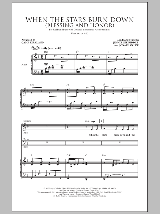 Download Camp Kirkland When The Stars Burn Down (Blessing And Honor) Sheet Music and learn how to play SATB PDF digital score in minutes