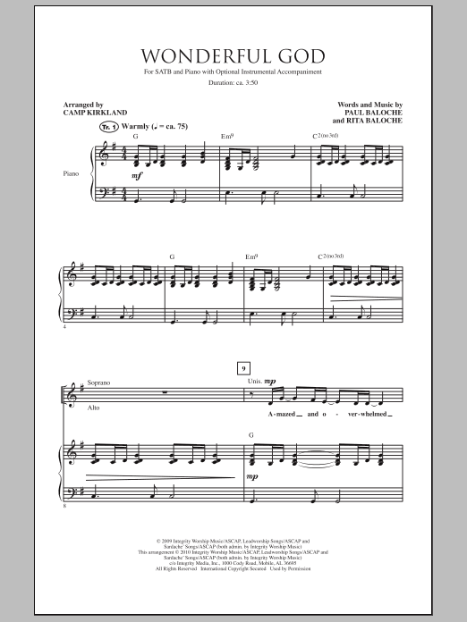 Download Camp Kirkland Wonderful God Sheet Music and learn how to play SATB Choir PDF digital score in minutes
