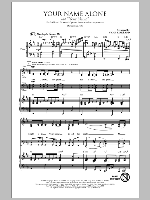 Download Camp Kirkland Your Name Alone (with Your Name) Sheet Music and learn how to play SATB Choir PDF digital score in minutes