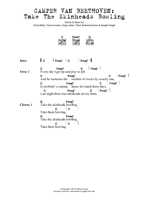 Download Camper Van Beethoven Take The Skinheads Bowling Sheet Music and learn how to play Lyrics & Chords PDF digital score in minutes