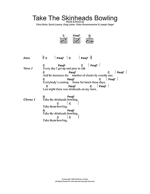 Download Camper Van Beethoven Take The Skinheads Bowling Sheet Music and learn how to play Lyrics & Chords PDF digital score in minutes