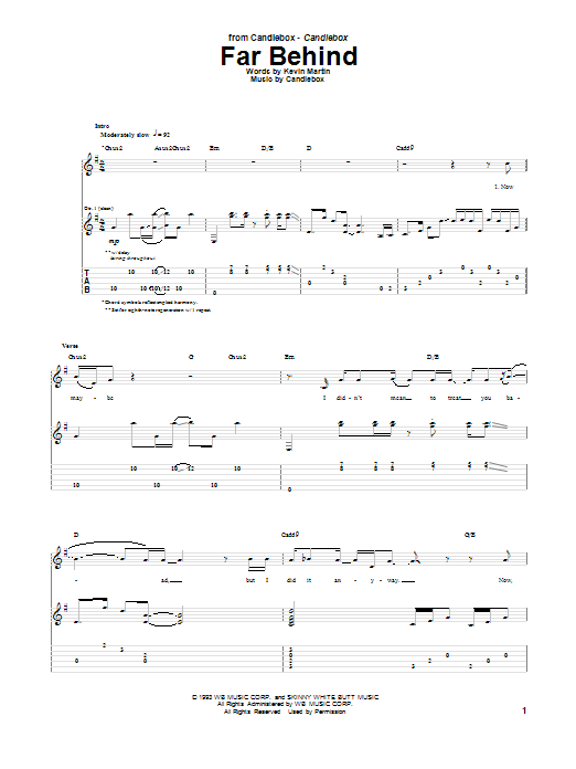 Download Candlebox Far Behind Sheet Music and learn how to play Guitar Tab PDF digital score in minutes