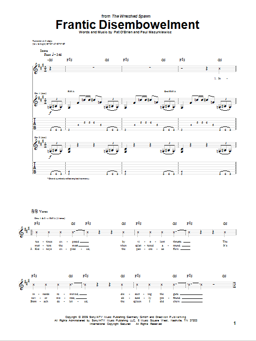 Download Cannibal Corpse Frantic Disembowelment Sheet Music and learn how to play Guitar Tab PDF digital score in minutes