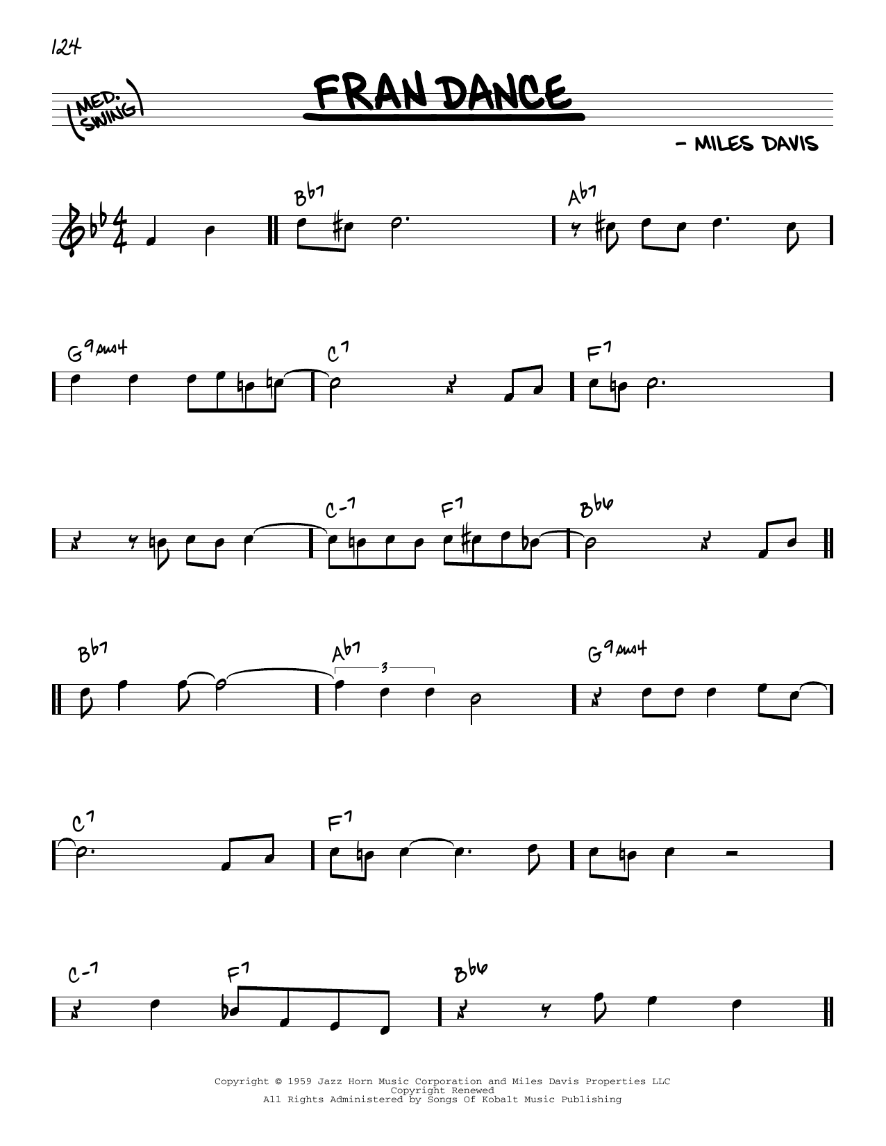 Download Cannonball Adderley Fran Dance Sheet Music and learn how to play Real Book – Melody & Chords PDF digital score in minutes