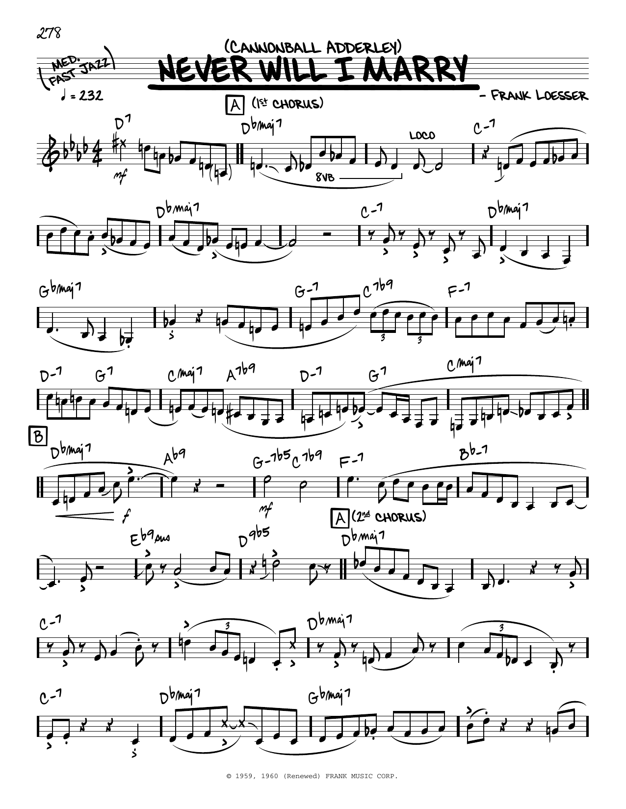 Download Cannonball Adderley Never Will I Marry (solo only) Sheet Music and learn how to play Real Book – Melody & Chords PDF digital score in minutes