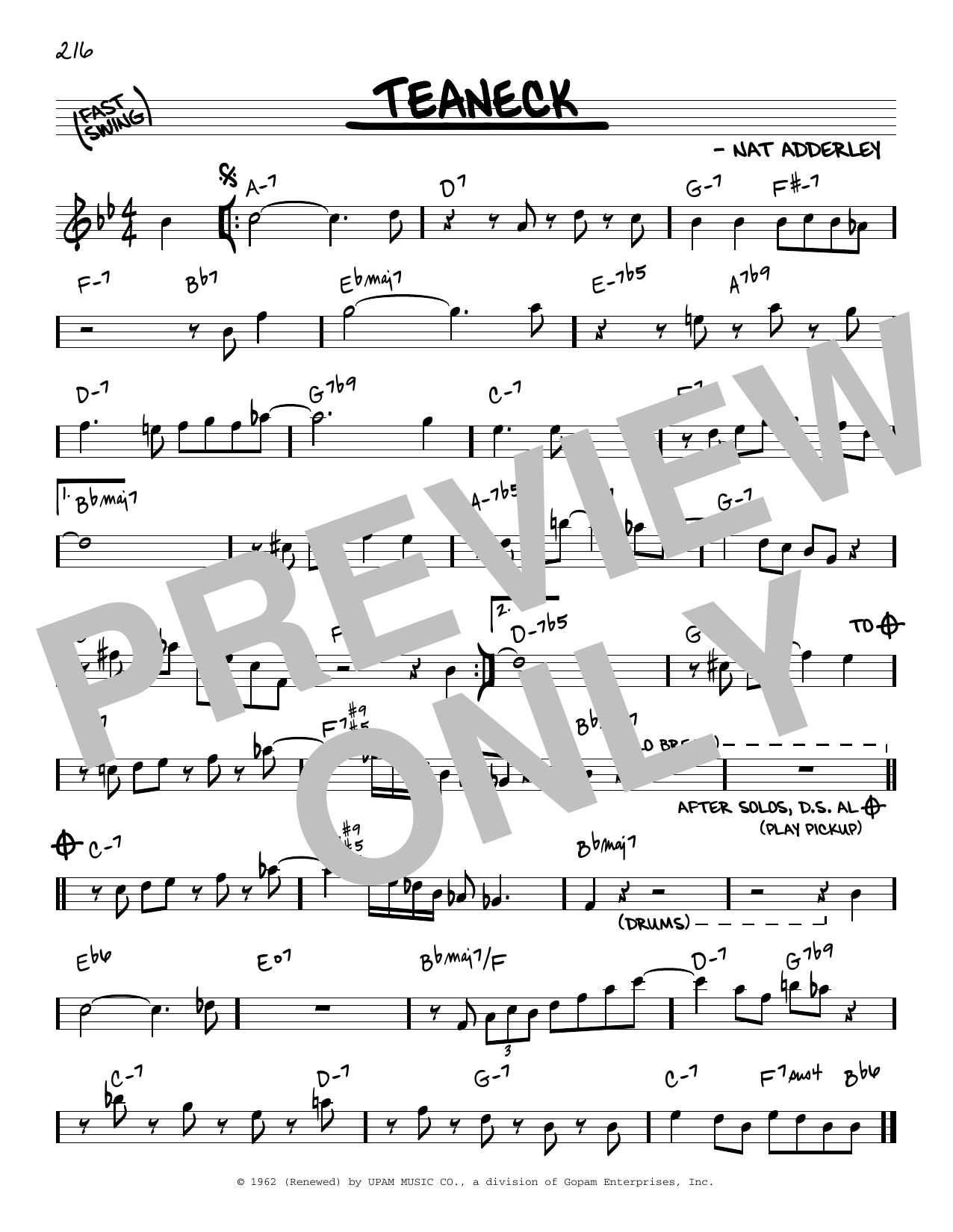 Download Cannonball Adderley Teaneck Sheet Music and learn how to play Real Book – Melody & Chords PDF digital score in minutes
