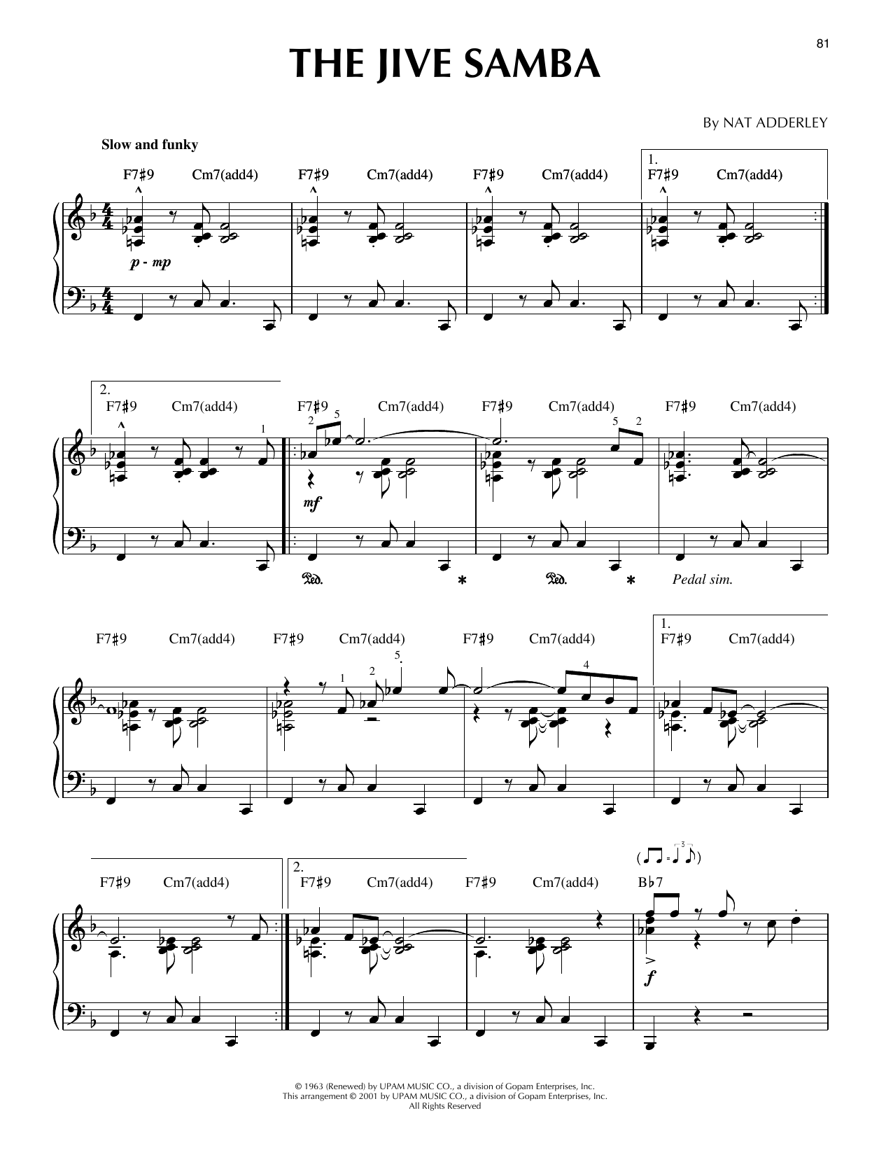 Download Cannonball Adderley The Jive Samba (arr. Brent Edstrom) [Jazz version] Sheet Music and learn how to play Piano Solo PDF digital score in minutes