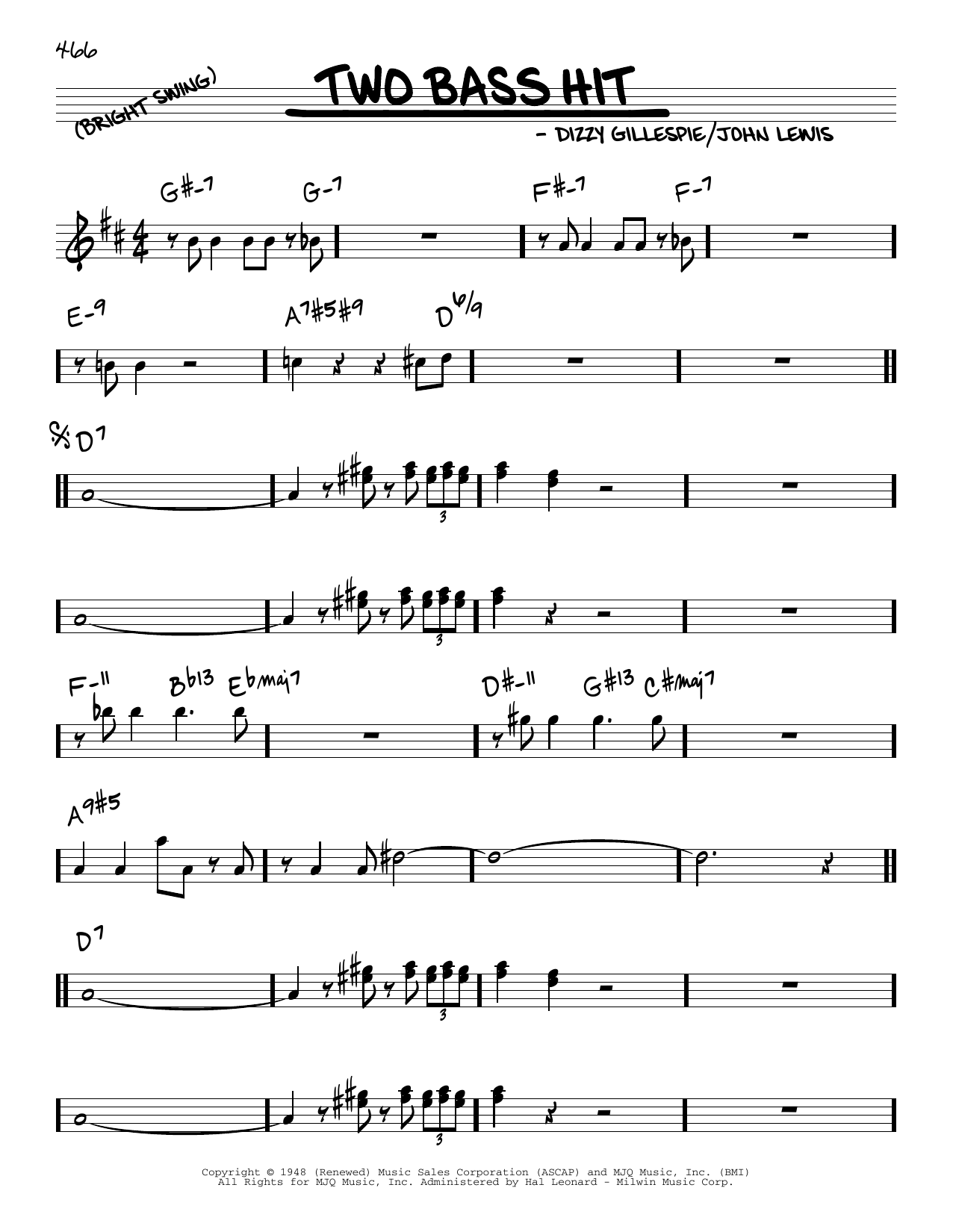 Download Cannonball Adderley Two Bass Hit Sheet Music and learn how to play Real Book – Melody & Chords PDF digital score in minutes