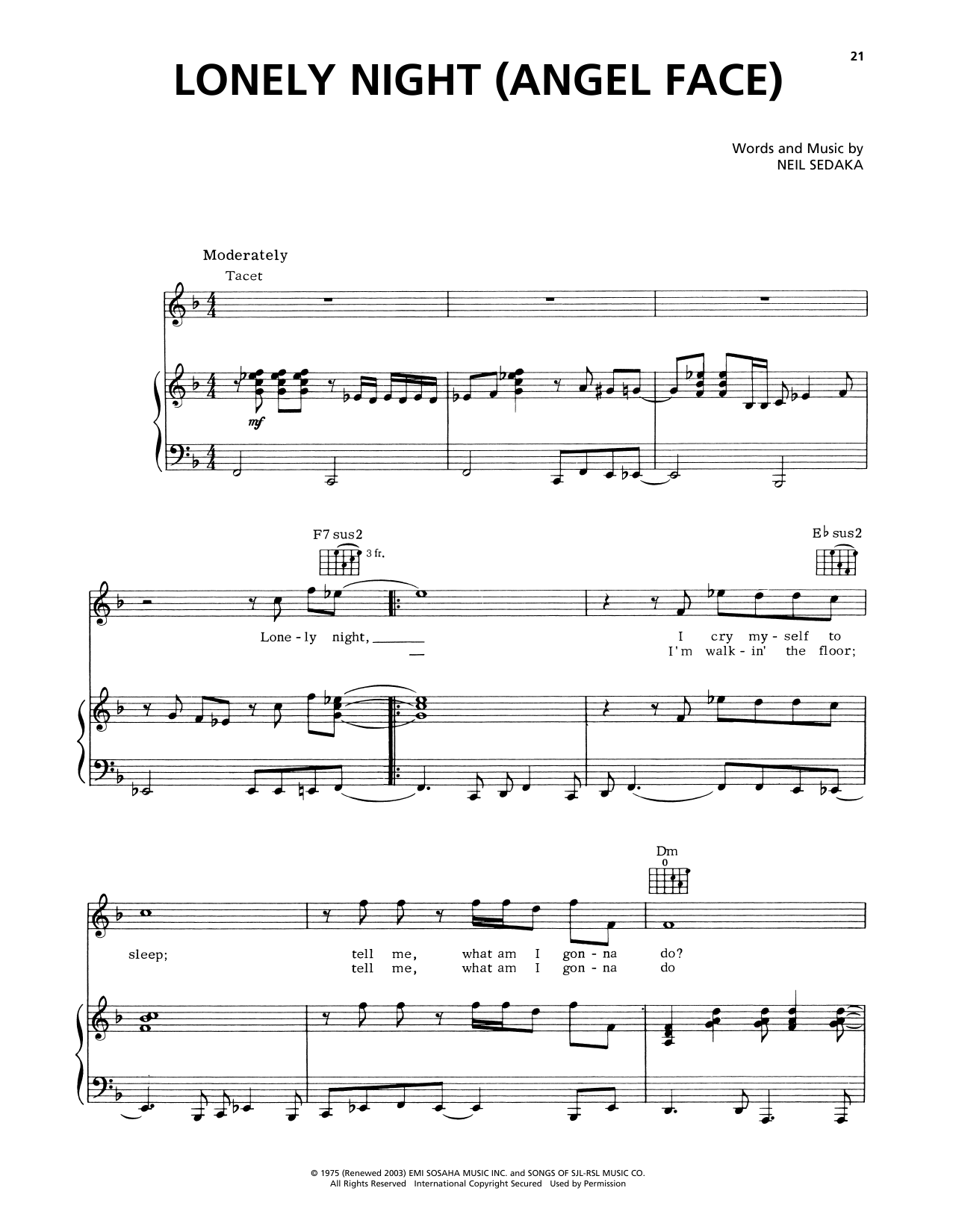 Download Captain & Tennille Lonely Night (Angel Face) Sheet Music and learn how to play Piano, Vocal & Guitar Chords (Right-Hand Melody) PDF digital score in minutes