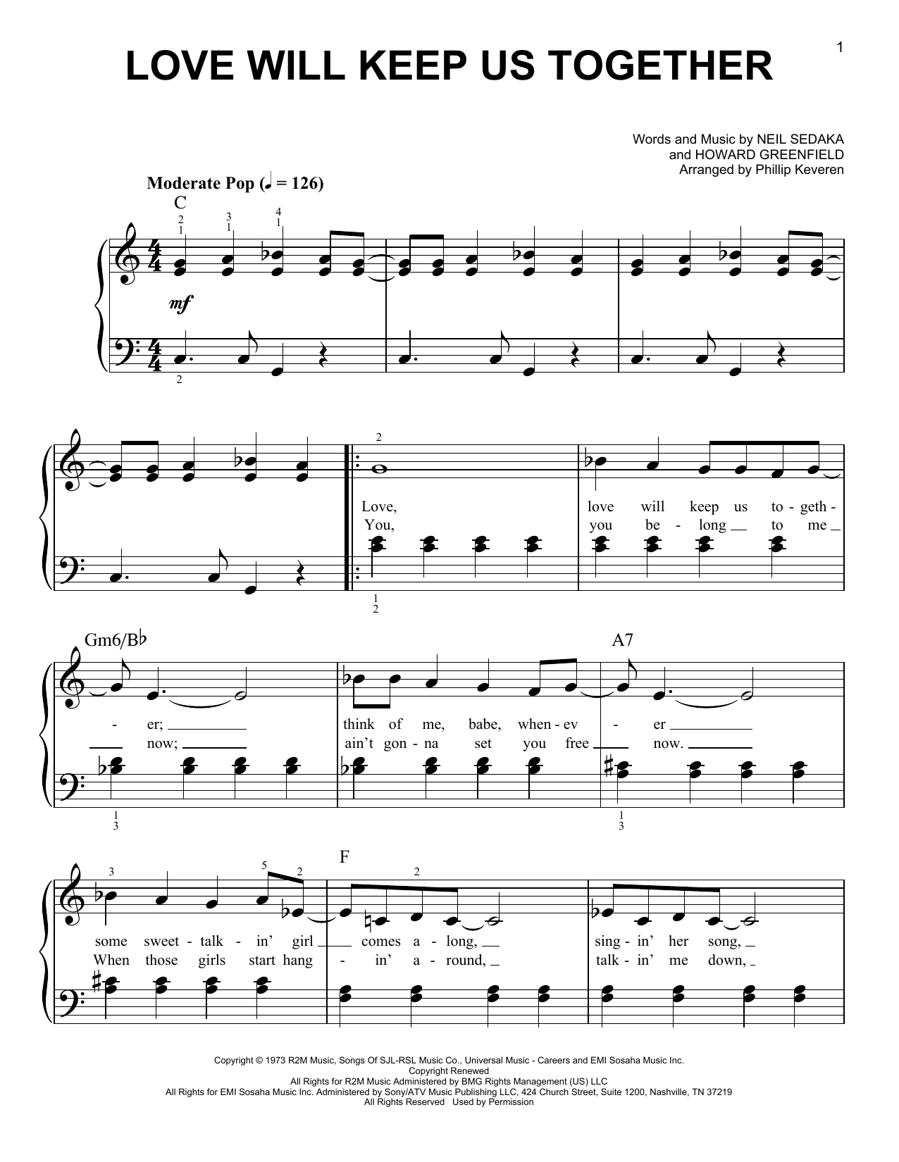 Download The Captain & Tennille Love Will Keep Us Together Sheet Music and learn how to play Easy Piano PDF digital score in minutes