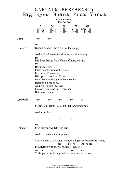 Download Captain Beefheart Big Eyed Beans From Venus Sheet Music and learn how to play Lyrics & Chords PDF digital score in minutes