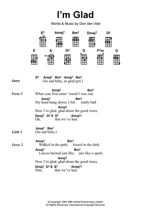 Download Captain Beefheart I'm Glad Sheet Music and learn how to play Lyrics & Chords PDF digital score in minutes