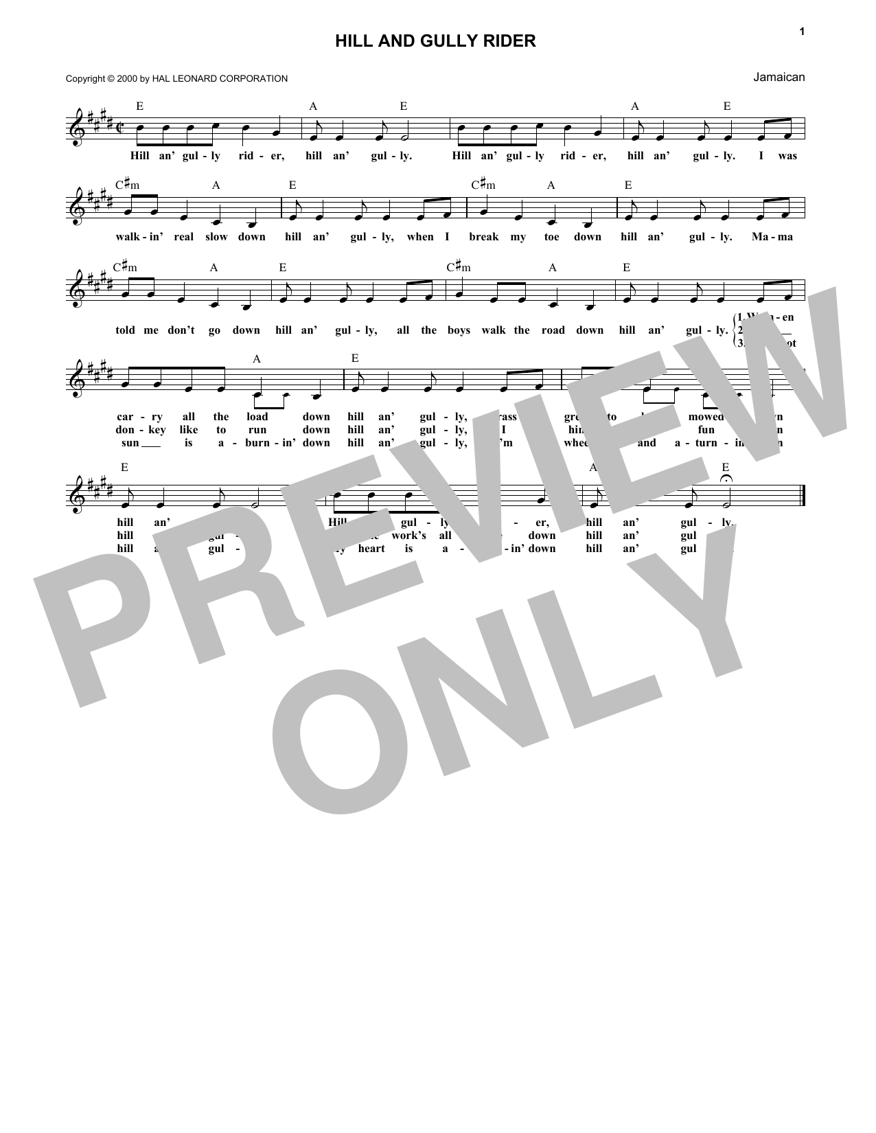 Download Traditional Caribbean Hill And Gully Rider Sheet Music and learn how to play Melody Line, Lyrics & Chords PDF digital score in minutes