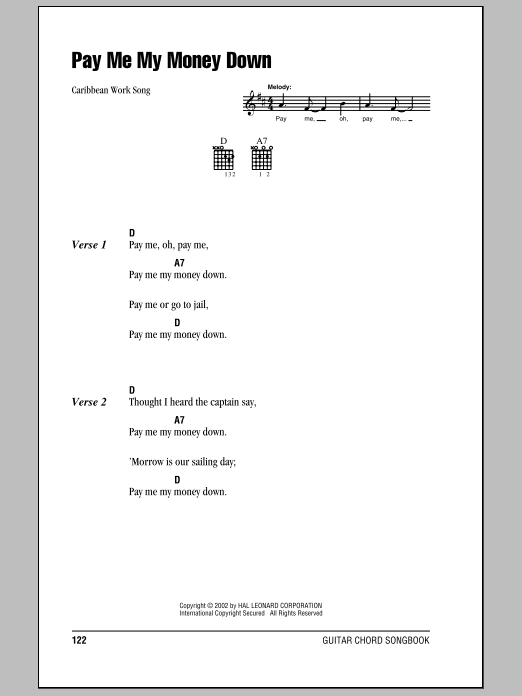 Download Caribbean Work Song Pay Me My Money Down Sheet Music and learn how to play Lyrics & Chords PDF digital score in minutes