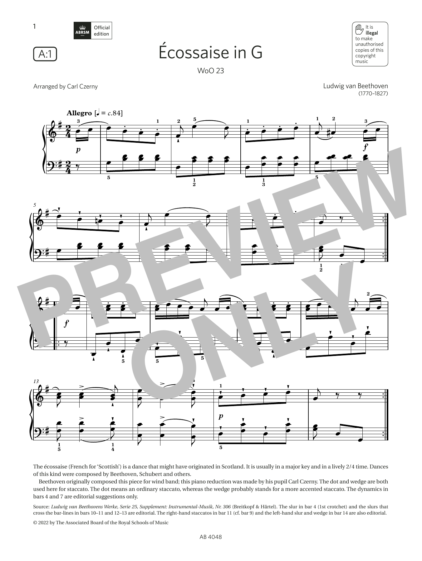 Download Carl Czerny Écossaise in G (Grade 2, list A1, from the ABRSM Piano Syllabus 2023 & 2024) Sheet Music and learn how to play Piano Solo PDF digital score in minutes