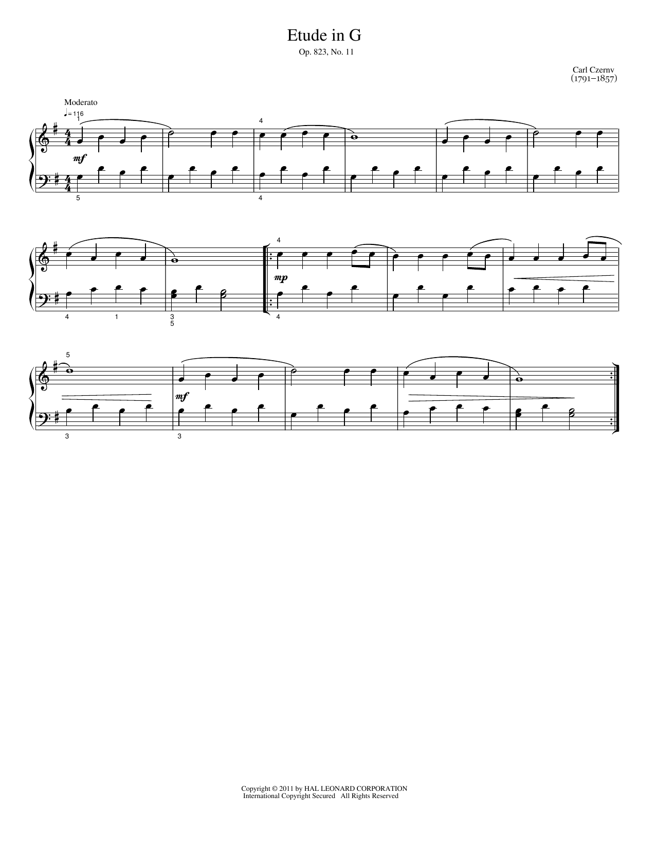 Download Carl Czerny Etude In G Sheet Music and learn how to play Easy Piano PDF digital score in minutes