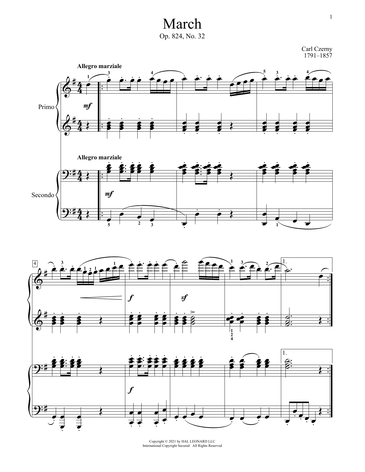 Download Carl Czerny March, Op. 824, No. 32 Sheet Music and learn how to play Piano Duet PDF digital score in minutes