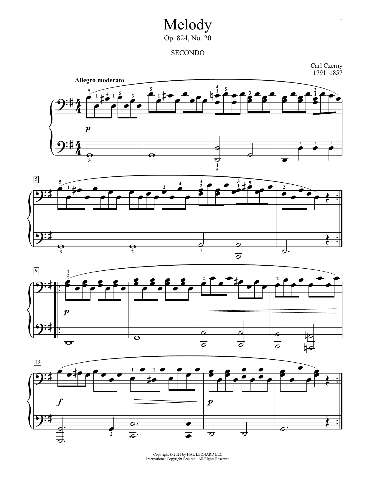 Download Carl Czerny Melody, Op. 824, No. 20 Sheet Music and learn how to play Piano Duet PDF digital score in minutes