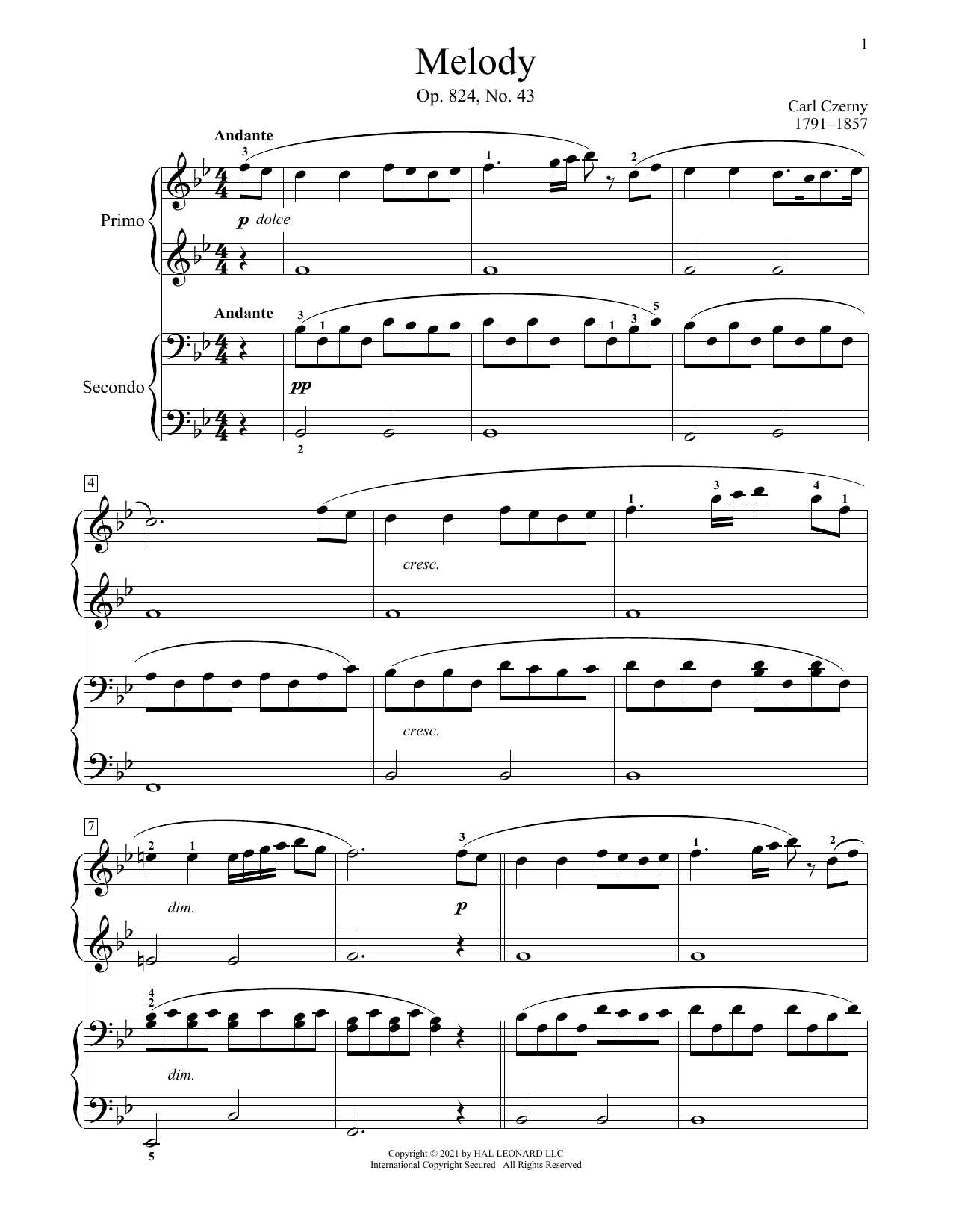 Download Carl Czerny Melody, Op. 824, No. 43 Sheet Music and learn how to play Piano Duet PDF digital score in minutes
