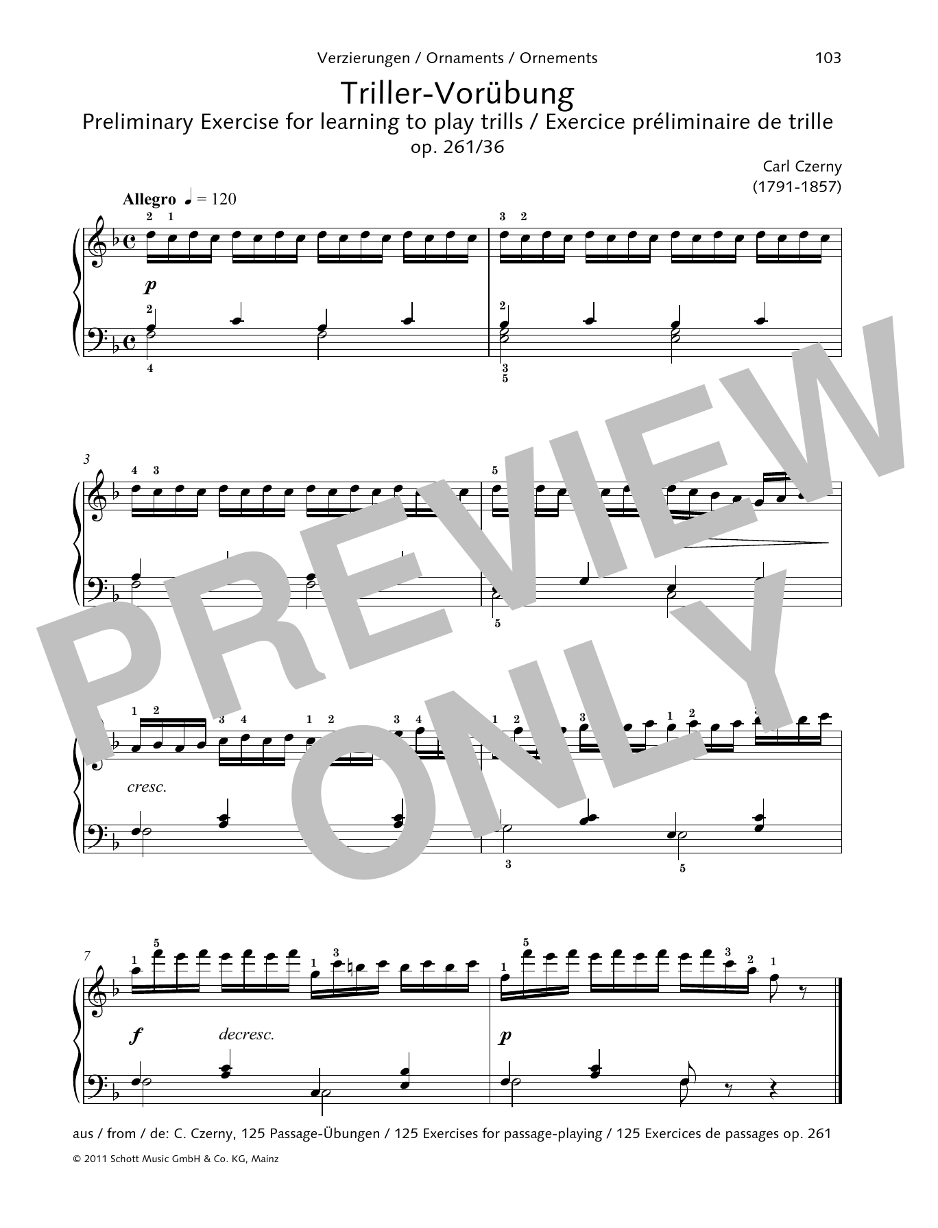 Download Carl Czerny Preliminary Exercise for learning to play trills Sheet Music and learn how to play Piano Solo PDF digital score in minutes
