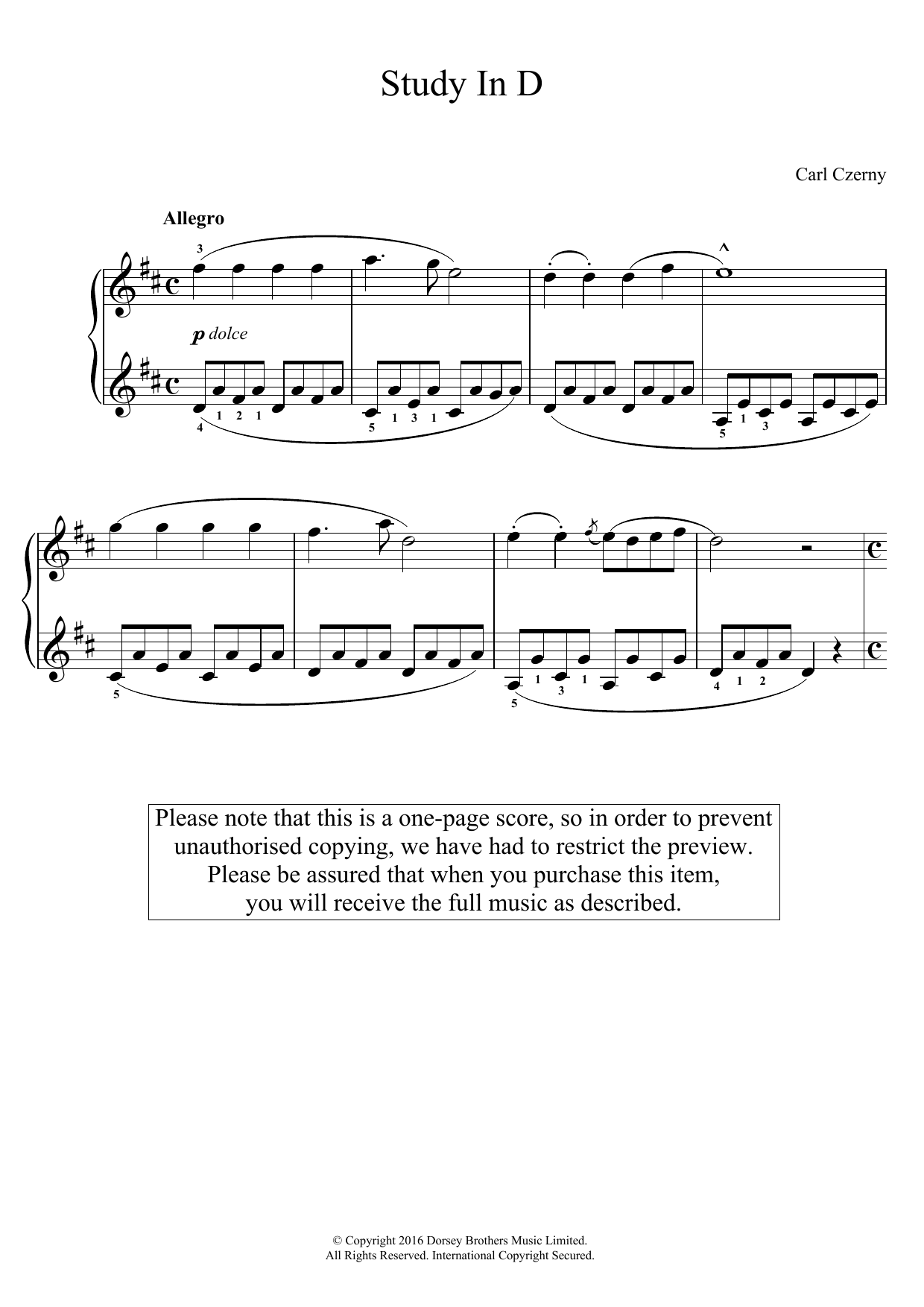 Download Carl Czerny Study In D Sheet Music and learn how to play Easy Piano PDF digital score in minutes