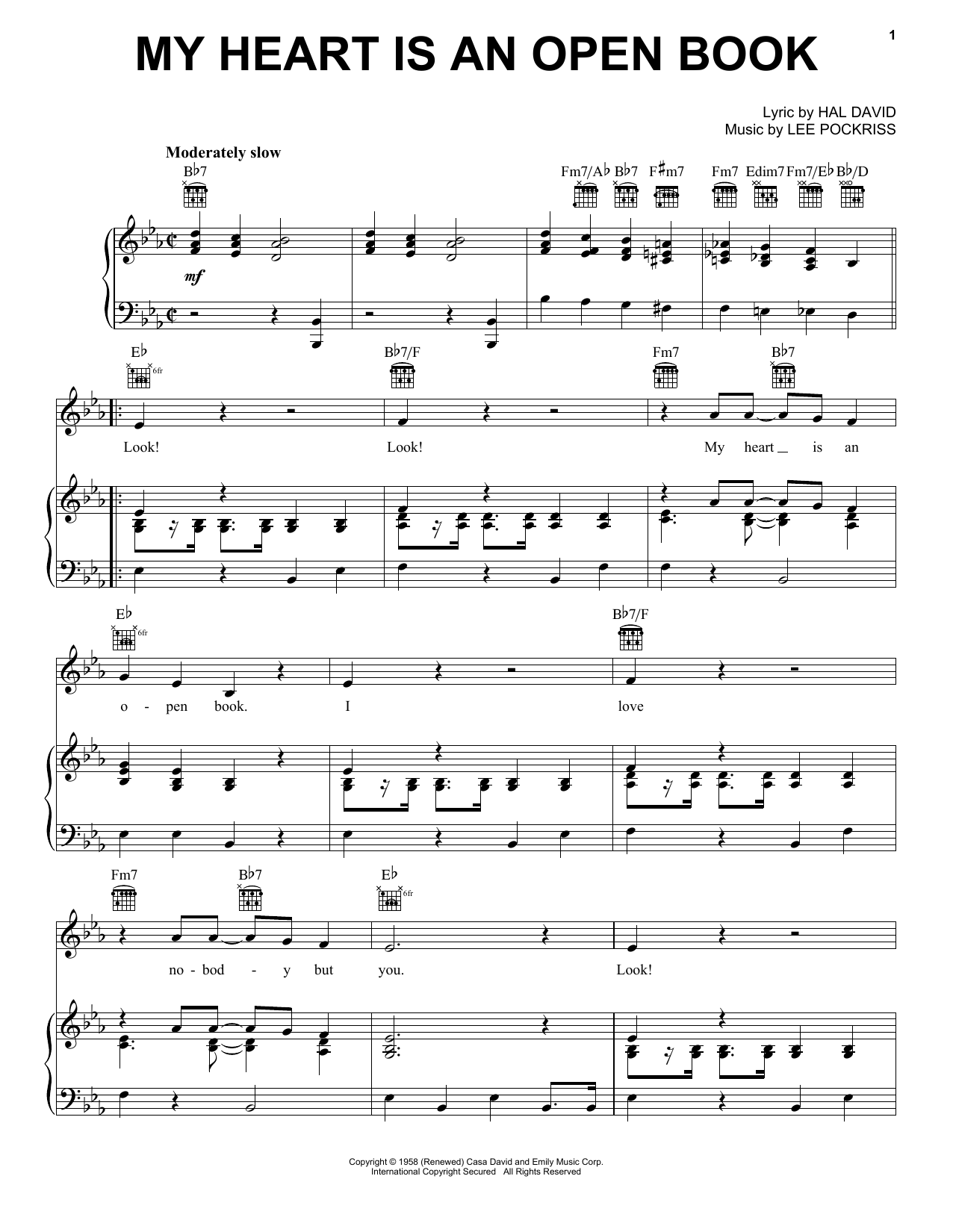 Download Carl Dobkins, Jr. My Heart Is An Open Book Sheet Music and learn how to play Piano, Vocal & Guitar Chords (Right-Hand Melody) PDF digital score in minutes