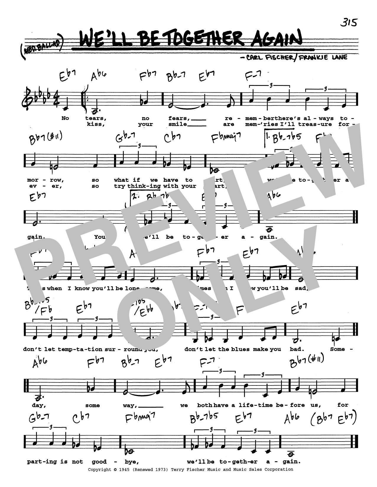 Download Carl Fischer We'll Be Together Again (Low Voice) Sheet Music and learn how to play Real Book – Melody, Lyrics & Chords PDF digital score in minutes