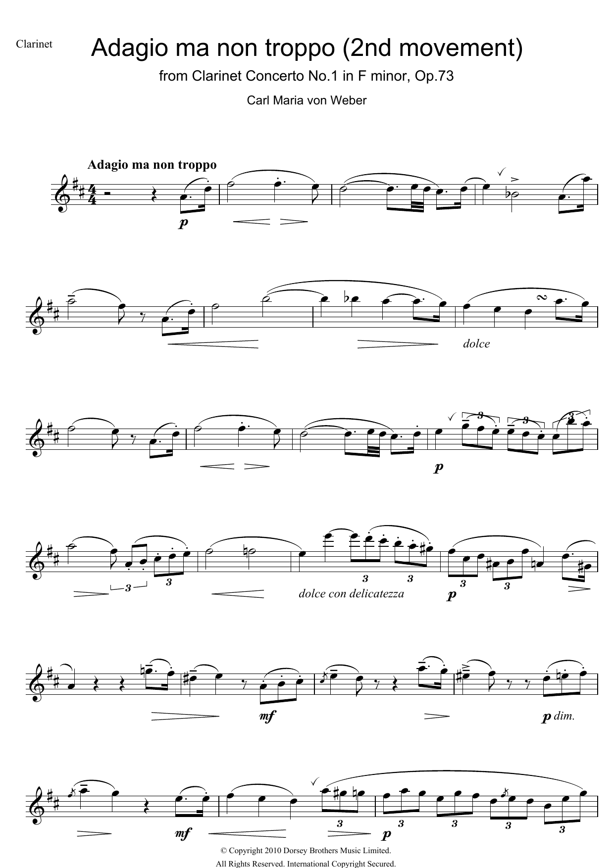 Download Carl Maria von Weber Clarinet Concerto No.1 In F Minor, Op.73, 2nd Movement: Adagio Ma Non Troppo Sheet Music and learn how to play Clarinet PDF digital score in minutes
