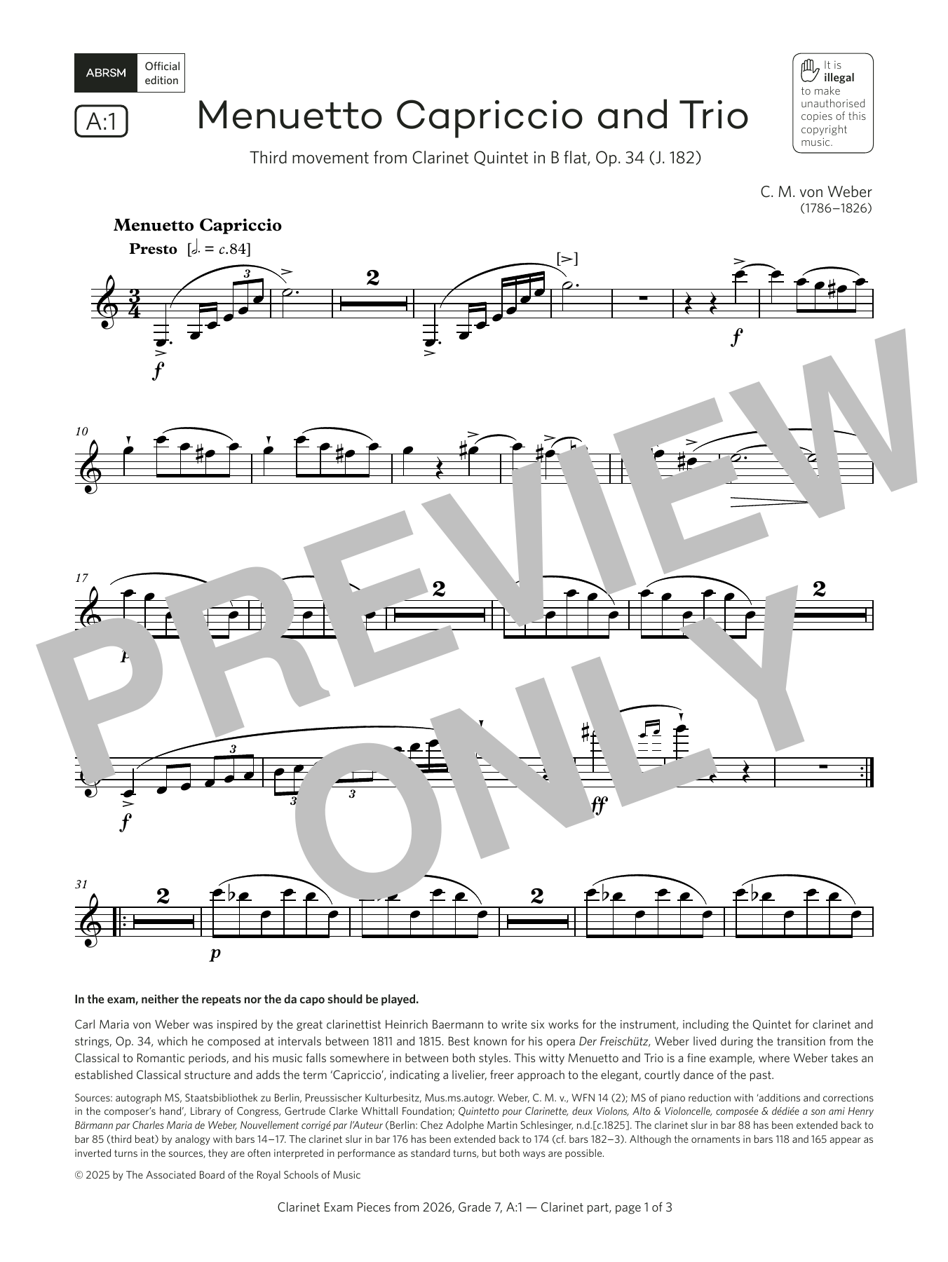 Download Carl Maria von Weber Menuetto Capriccio and Trio (Grade 7, list A1, from the ABRSM Clarinet Syllabus Sheet Music and learn how to play Clarinet Solo PDF digital score in minutes