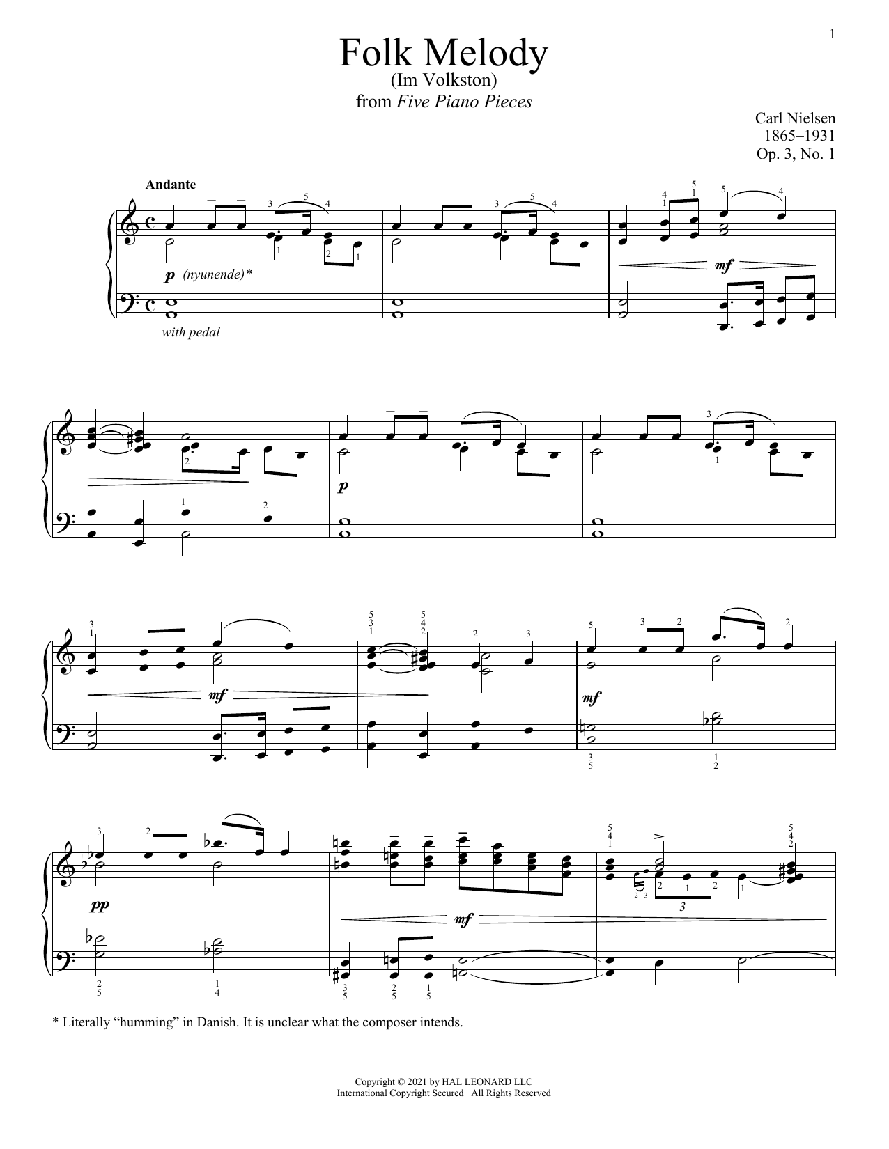 Download Carl Nielsen Folk Melody (Im Volkston) Sheet Music and learn how to play Piano Solo PDF digital score in minutes