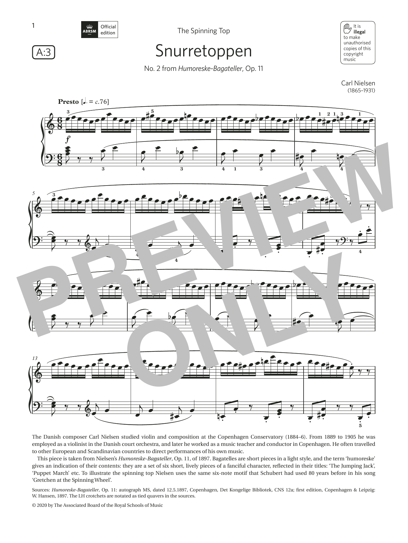 Download Carl Nielsen Snurretoppen (Grade 6, list A3, from the ABRSM Piano Syllabus 2021 & 2022) Sheet Music and learn how to play Piano Solo PDF digital score in minutes