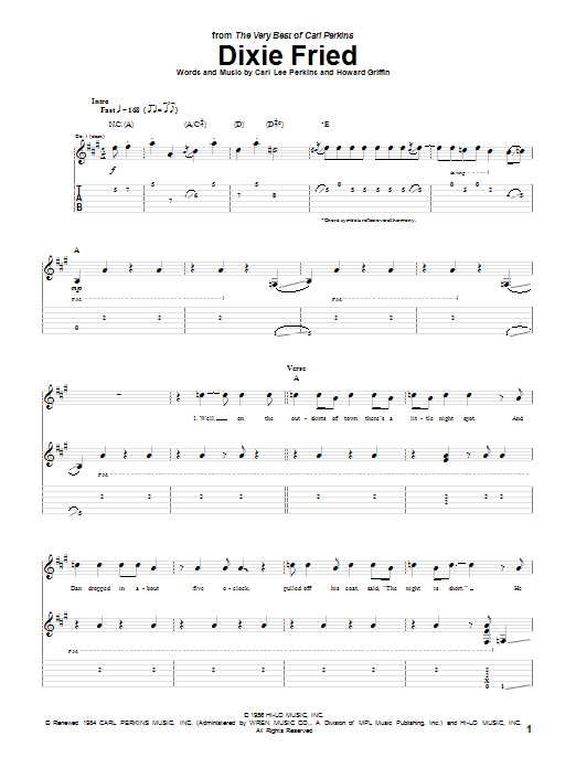 Download Carl Perkins Dixie Fried Sheet Music and learn how to play Guitar Tab PDF digital score in minutes