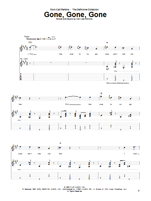 Download Carl Perkins Gone, Gone, Gone Sheet Music and learn how to play Guitar Tab PDF digital score in minutes