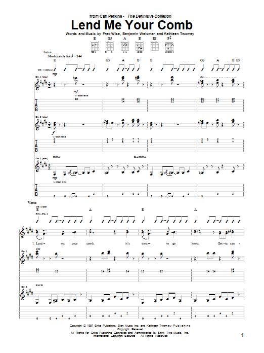 Download Carl Perkins Lend Me Your Comb Sheet Music and learn how to play Guitar Tab PDF digital score in minutes
