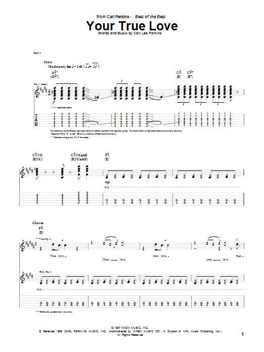 Download Carl Perkins Your True Love Sheet Music and learn how to play Guitar Tab PDF digital score in minutes
